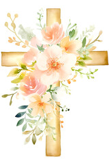 Golden religious cross with flowers greenery around watercolor pastel paint art illustration. Generative Ai