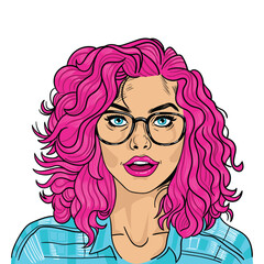 Beautiful woman with red hair. Pop art retro illustration. Comic book girl with glasses.