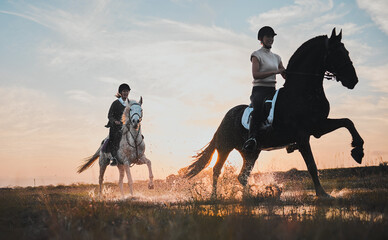 Sunset, girl and horse riding in water for adventure in nature for fun on weekend with friends....