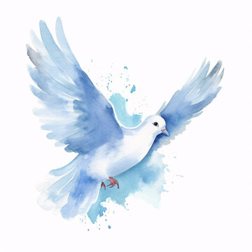 Flying dove open wings beautiful grace bird hope holy peace and purity watercolor splash illustration. Generative Ai