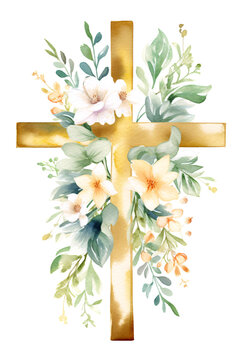 Golden religious cross with flowers greenery around watercolor pastel paint art illustration. Generative Ai