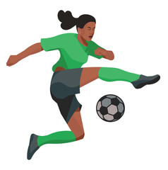 African women's football girl player in a green sports uniform jumps over the field before hitting the ball