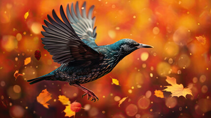 starling in flight with autumn leaves.  - obrazy, fototapety, plakaty