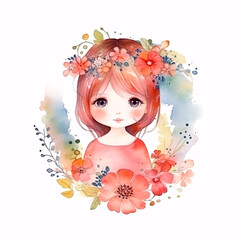 Cute cartoon baby girl portrait scarlet flowers blossom soft pastel colors watercolor paint splash illustration. Generative Ai