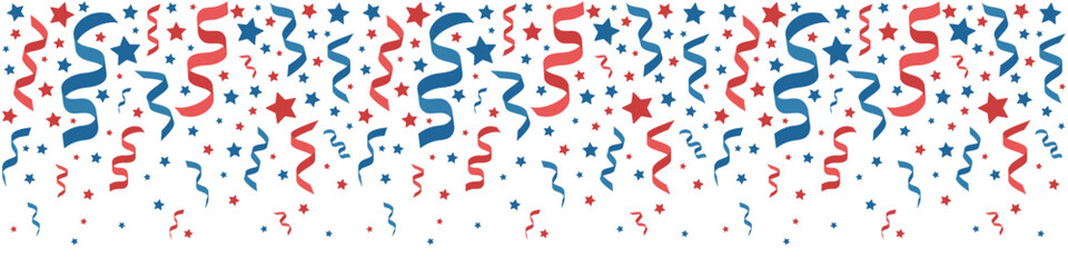 Seamless border garland with stars and confetti for USA independence day. Isolated vector and PNG on transparent background.