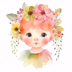 Fototapeta premium Cute cartoon baby boy portrait in blossom flowers and leaves watercolor pastel paint art illustration. Generative Ai