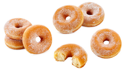 Classic sugary donuts isolated on white background - obrazy, fototapety, plakaty