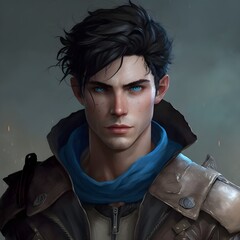 Percy Jackson 23 years old dd character concept rogue black hair blue eyes brown leather handsome strong magical mystical 4Km Artofethan chaos 60 V4 
