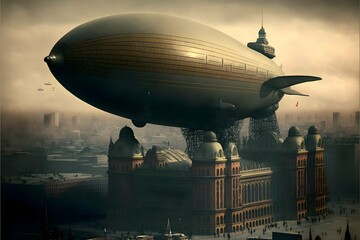 gigantic airship over city brutalism architecture photo realistic year 1920 