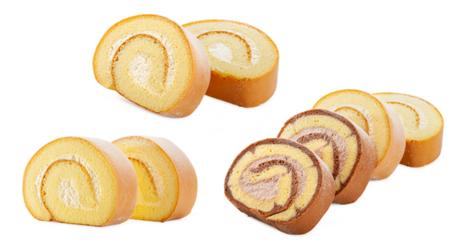 Swiss cream roll cake slices isolated on white background.