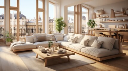 Obraz na płótnie Canvas Interior design of modern scandinavian apartment, living room and dining room. Created with generative AI.