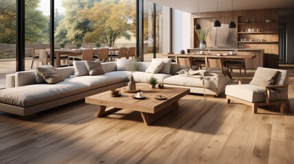 Interior design of modern scandinavian apartment, living room and dining room. Created with generative AI.