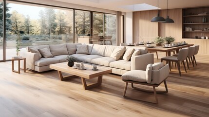 Obraz premium Interior design of modern scandinavian apartment, living room and dining room. Created with generative AI.