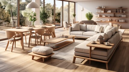 Obraz premium Interior design of modern scandinavian apartment, living room and dining room. Created with generative AI.