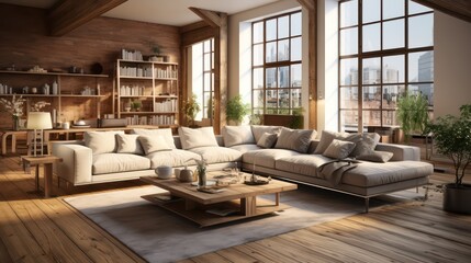 Naklejka premium Interior design of modern scandinavian apartment, living room and dining room. Created with generative AI.