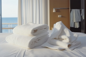 Fototapeta na wymiar white Towels folded on a bed in a hotel room