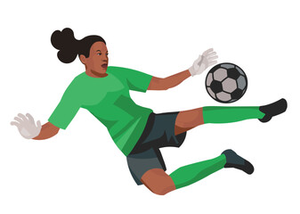 Black african women's football goalkeeper in green t-shirt jumps to avoid missing the ball