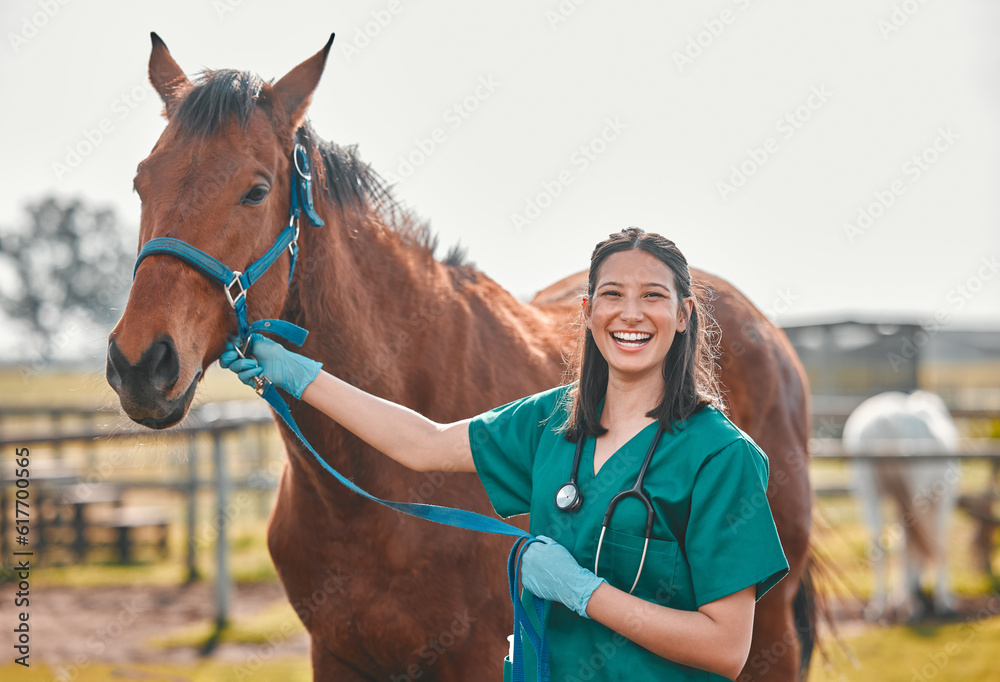 Poster Horse, woman veterinary and portrait outdoor for health and wellness in the countryside. Happy doctor, professional nurse or vet person with an animal for help, healthcare and medical care at a ranch