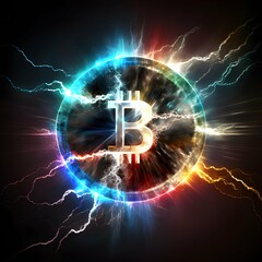 bitcoin logo in multidimensional quantum portal lightning strikes high voltage maximum energy futuristic light effects colourful dramatic light 8k hope future inspiring  - obrazy, fototapety, plakaty