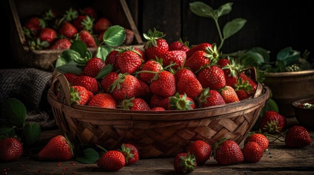 Strawberries in a bamboo basket with blur background