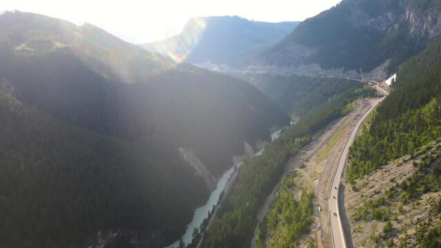 Aerial View of Beautiful Canadian Mountain Landscape during a sunny sunset. Taken near Squamish, North of Vancouver, British Columbia, Canada. Canadian landscape from above