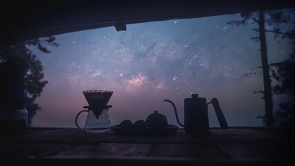 Landscape of milky way with the coffee object forground © elbanco