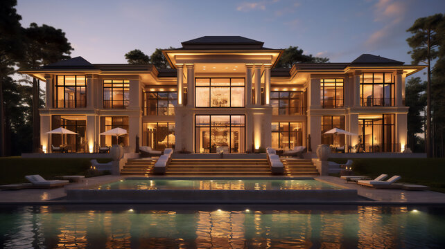 Luxury mansion estate which is a residential house building with a swimming pool in front of the home showing opulent wealth, computer Generative AI stock illustration image