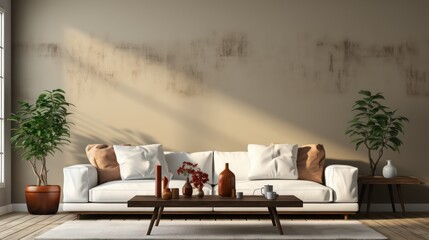 Modern interior design of living room with white sofa, coffee table, soft stucco wall. Created with generative AI.