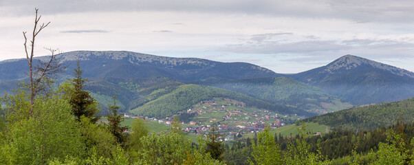 Fototapeta na wymiar Mountain village in valley in Carpathian Mountains at overcast evening