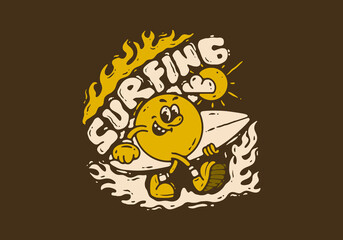 Ball head character holding a surfing board