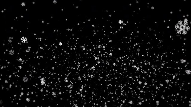 3D rendered animation of falling snowflakes isolated on the empty black background