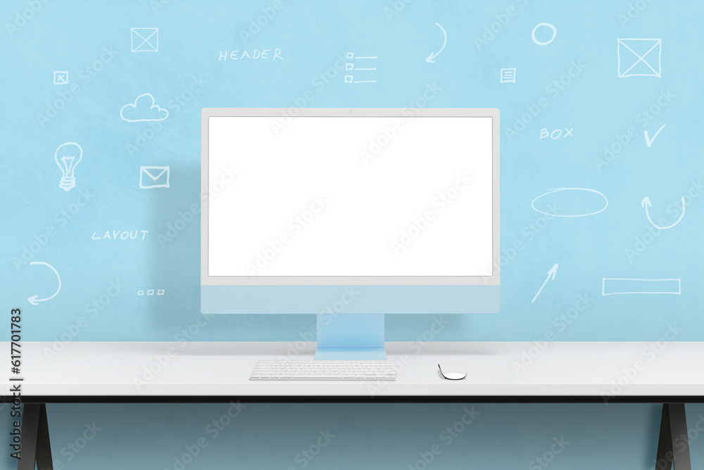 Poster Modern blue computer display mockup surrounded by web design icons concept. Clean studio desk with blue wall in background