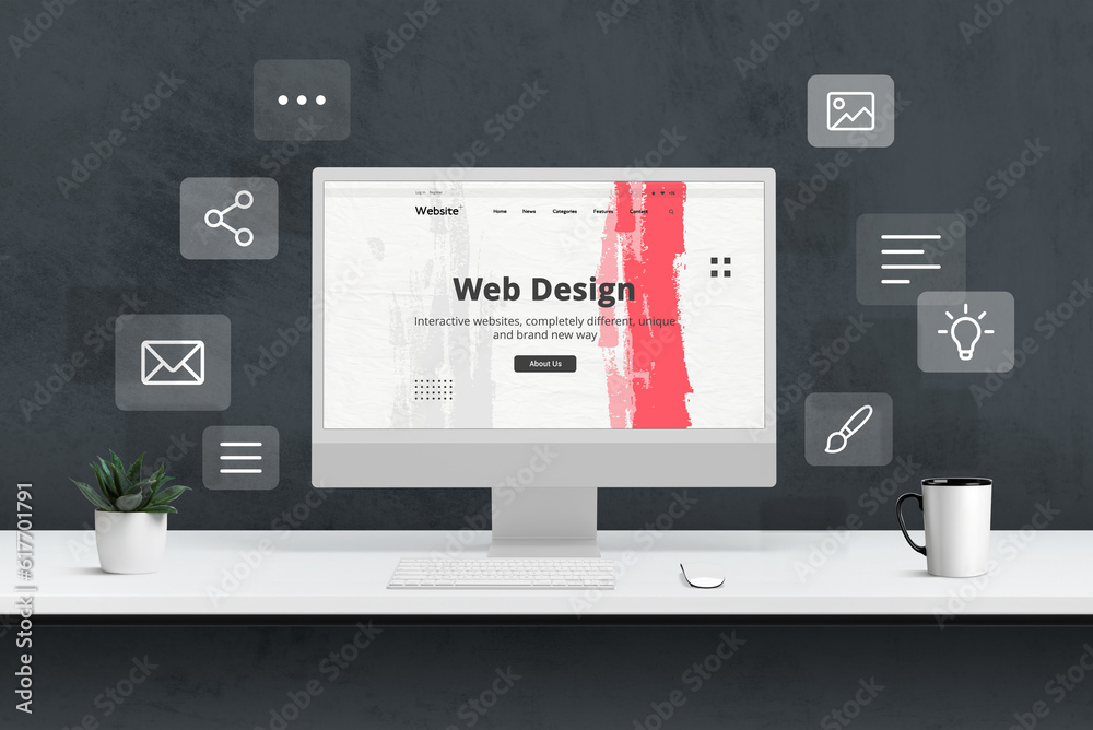 Poster Experience creative web design studio presentation, featuring a computer display encircled by web icons, all showcased on a white office desk