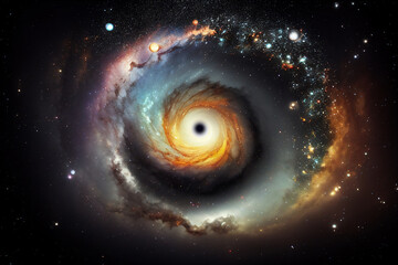 Black hole background in a galaxy supernova nebular of the universe with celestial stars in the night sky during a cosmic event forming spiral arms, computer Generative AI stock illustration image