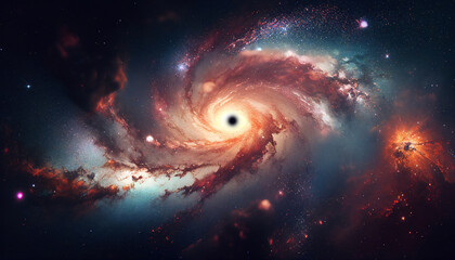Fototapeta na wymiar Black hole background in a galaxy supernova nebular of the universe with celestial stars in the night sky during a cosmic event forming spiral arms, computer Generative AI stock illustration image
