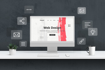 Experience creative web design studio presentation, featuring a computer display encircled by web...