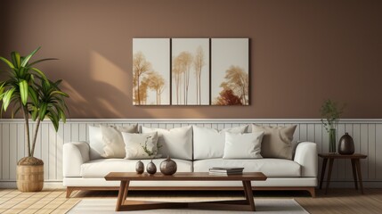Naklejka na ściany i meble Modern interior design of living room with white sofa, coffee table, soft stucco wall. Created with generative AI.