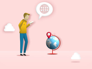 Boy standing search internet about around the world with glob, location, cloud bubble and world speech on background. Illustration 3D for man using a mobile phone Search for information and world map