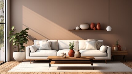 Fototapeta na wymiar Modern interior design of living room with white sofa, coffee table, soft stucco wall. Created with generative AI.