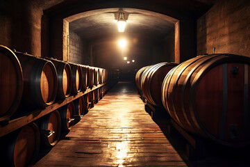 Long rows of oak wine barrels in the cellar. Generative AI illustration.