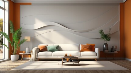 Modern interior design of living room with white sofa, coffee table, soft stucco wall. Created with generative AI.