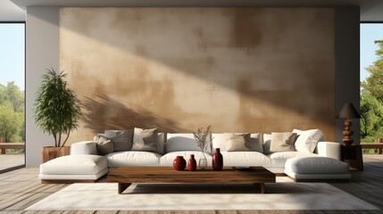 Modern interior design of living room with white sofa, coffee table, soft stucco wall. Created with generative AI.
