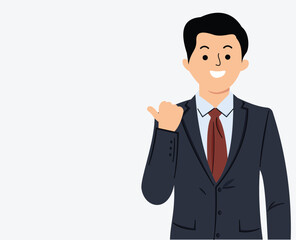 enthusiastic businessman pointing finger left or smiling corporate man showing advertisement standing in suit over white background