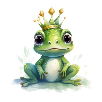 Watercolor cute princess frog. Illustration AI Generative.