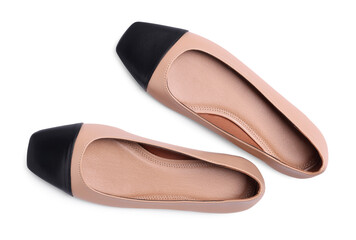 Pair of new stylish square toe ballet flats on white background, top view © New Africa