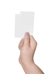 Woman holding paper cards on white background, closeup. Mockup for design
