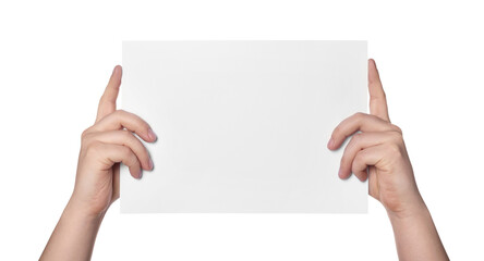 Woman holding sheet of paper on white background, closeup. Mockup for design
