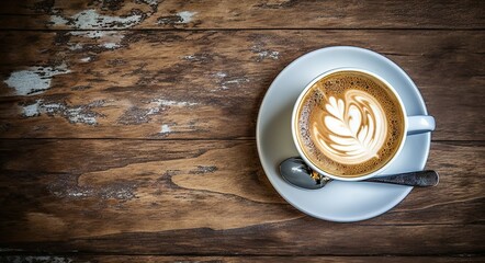 White Coffee Cup on Wooden Table background with copy space or for your product. Minimalist Style Photography
