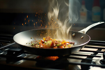 Delicious food is cooked in a frying pan on a gas stove, AI Generated