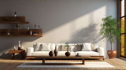 Fototapeta premium Modern interior design of living room with white sofa, coffee table, soft stucco wall. Created with&nbsp;generative&nbsp;AI.